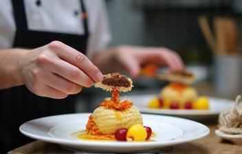 Head chef plating dessert passionately
