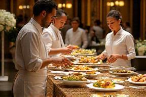 Team arranging gourmet catering for luxury event